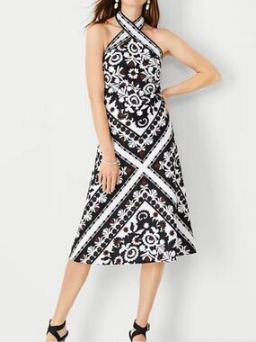 Ann Taylor Black Baroque Scarf Print Halter Fit Flare Dress Cotton Linen 16Lined